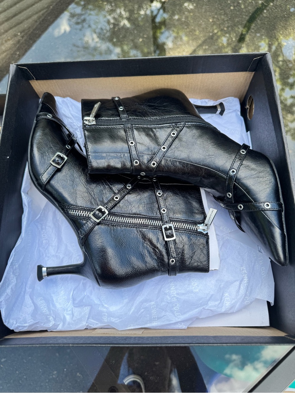 Kenneth Cole Black Leather Strappy Ankle Boots